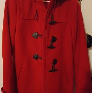 Women's red, size small, furlined, zipper/button, barely worn, winter parka